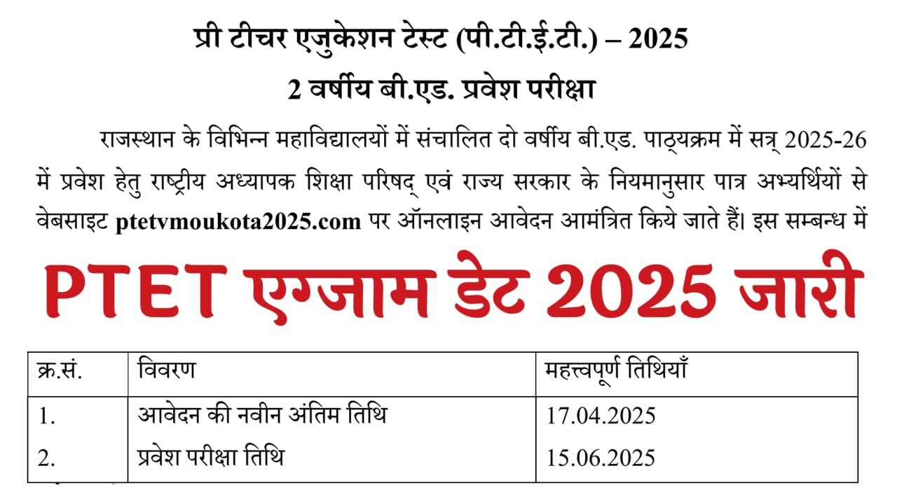 Rajasthan PTET Exam Date 2025: राजस्थान पीटीईटी एग्जाम डेट 2025 घोषित - Featured Image