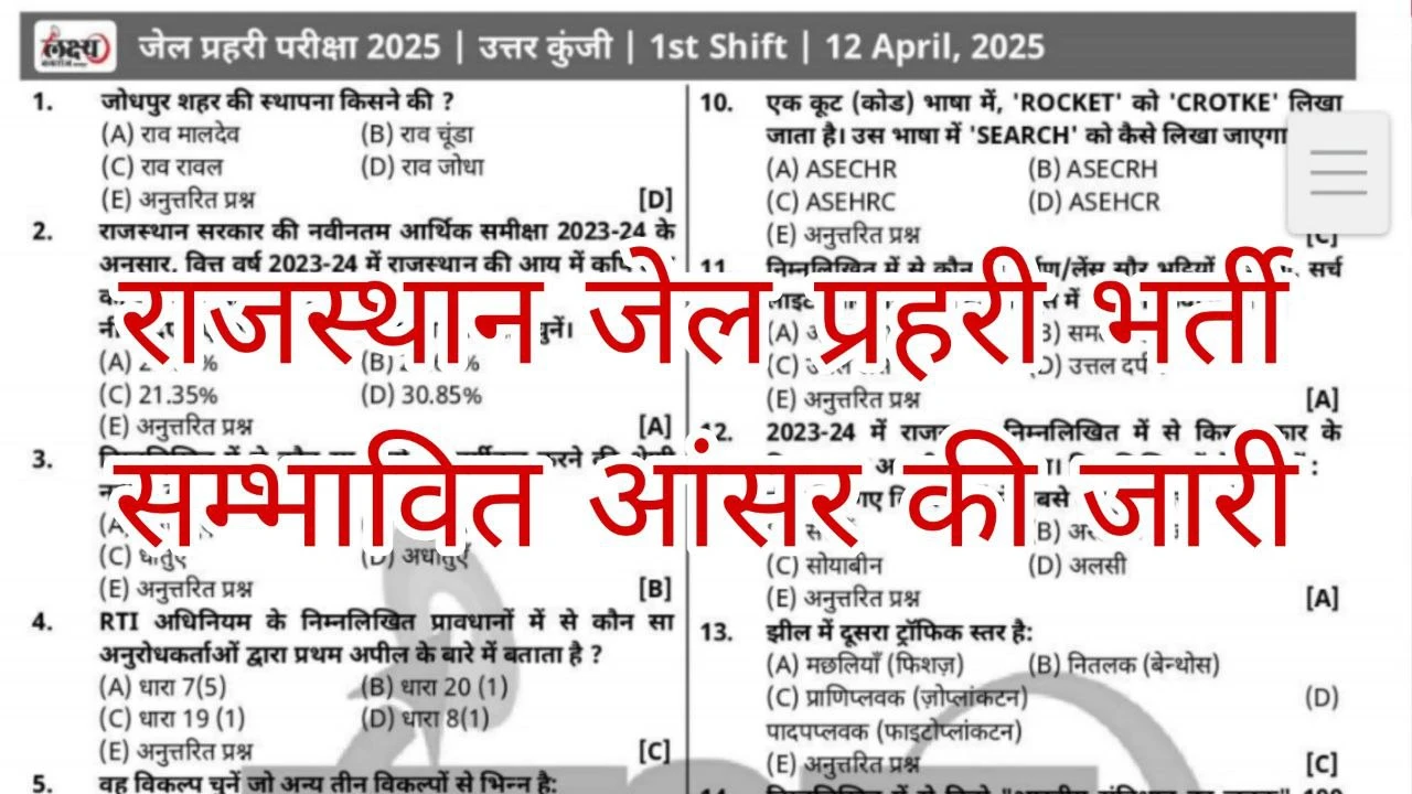 Rajasthan Jail Prahari Answer Key 2025: राजस्थान जेल प्रहरी भर्ती के लिए संभावित आंसर की जारी