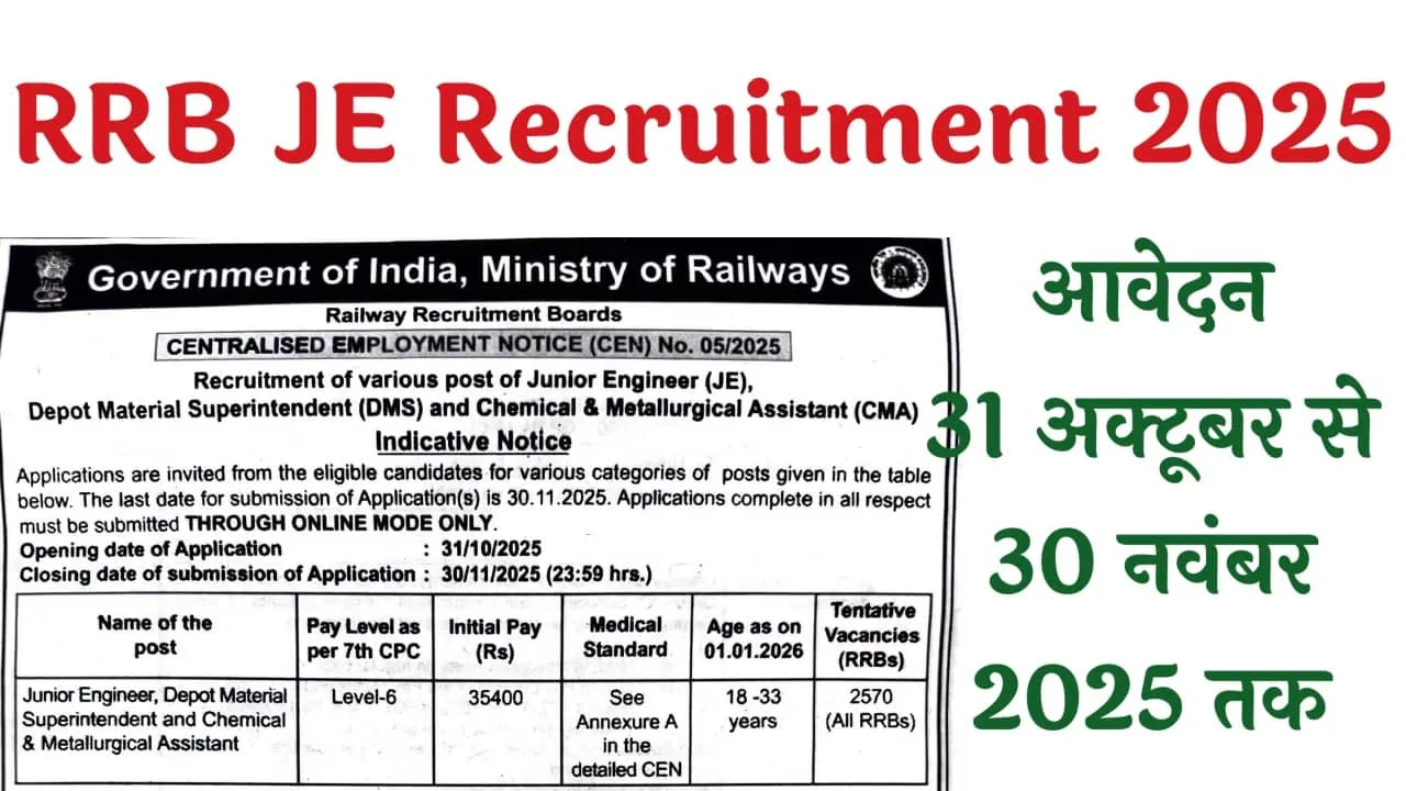 RRB JE Recruitment 2025: रेलवे में जूनियर इंजीनियर के 2570 पदों पर भर्ती, नोटिफिकेशन जारी