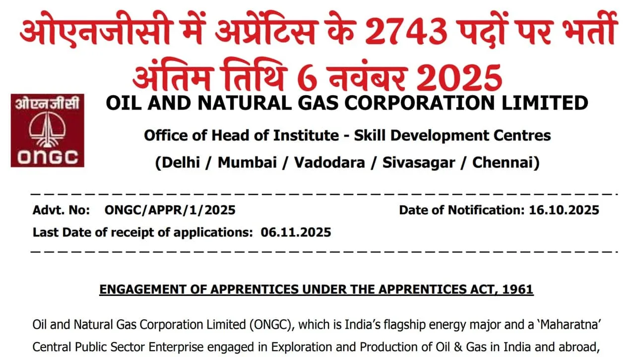 ONGC Recruitment 2025: ओएनजीसी में अप्रेंटिस के 2623 पदों पर भर्ती का नोटिफिकेशन जारी, आवेदन शुरू